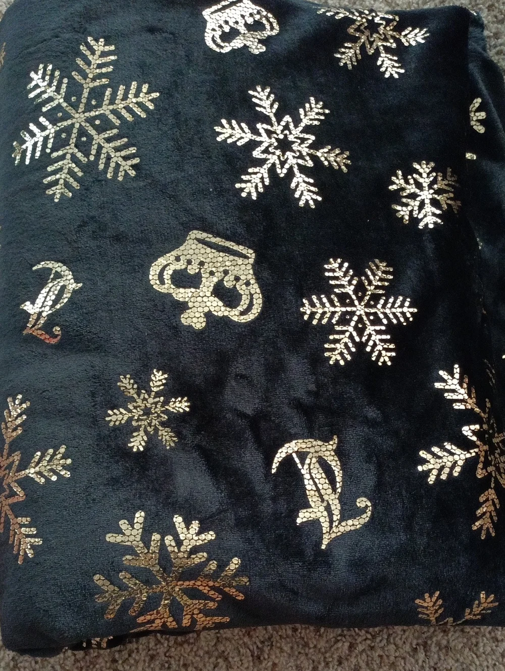 Black Plush Throw with Gold Sequin Snowflakes